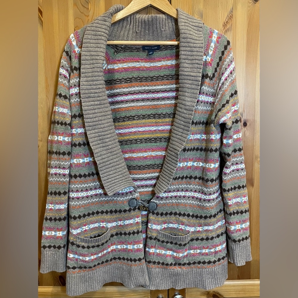 Tommy Hilfiger multicolor fair isle cardigan sweater shawl collar women’s Large